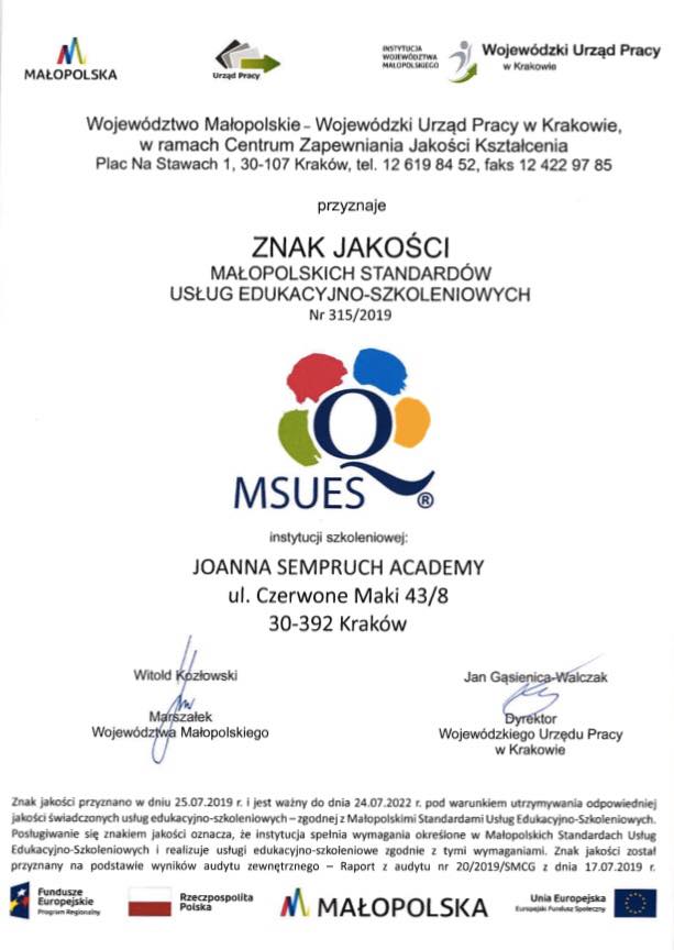 szkola stewardes krakow znak jakości MSUES